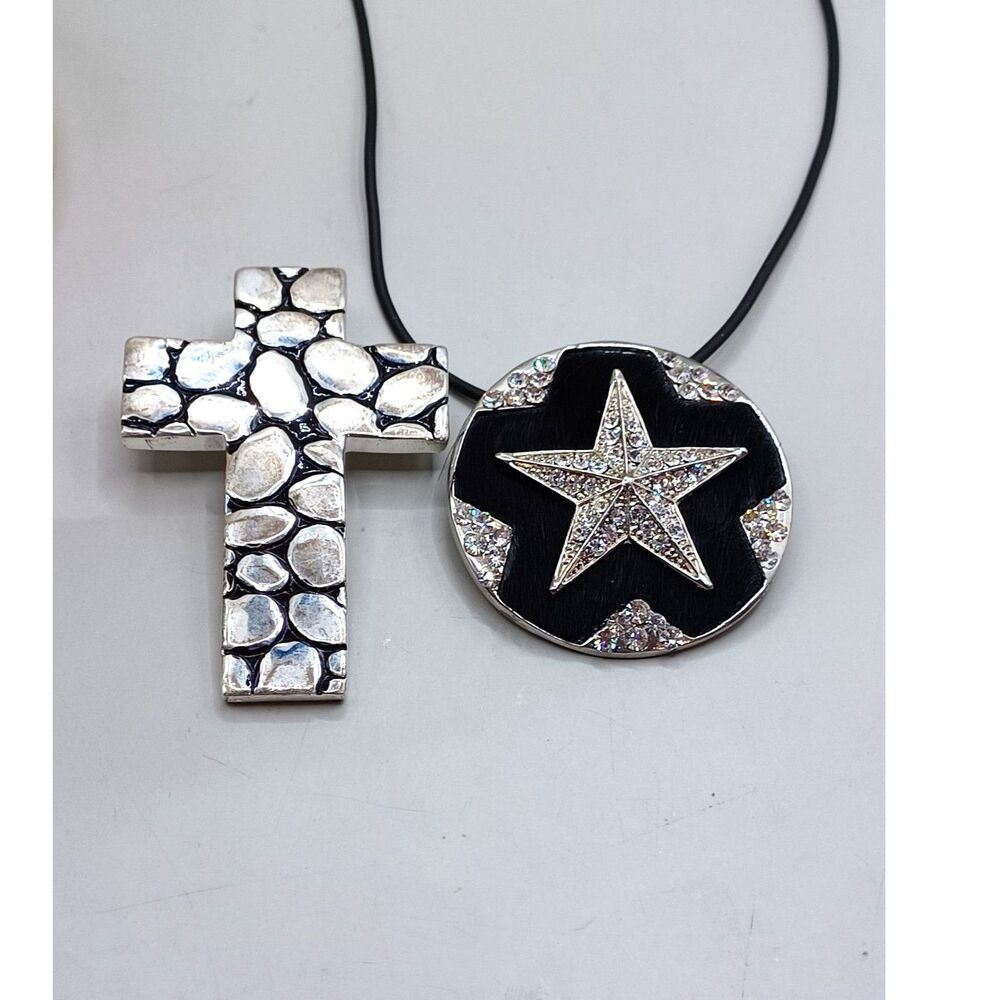 Vintage Rhinestone Star Pendant and Cross Pendant Hammered Look SilverTone Black